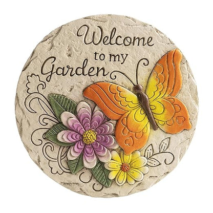 Garden Stepping Stones Outdoor Butterfly Step Stones for Walkway Gardening Gifts Welcome to My Garden Decorative Round Concrete Stones for Yard Outside Stone