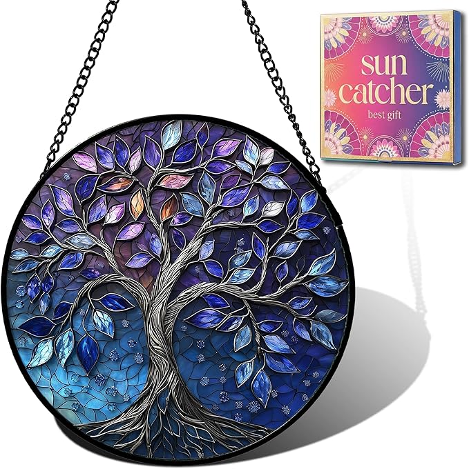 Birthday Gifts for Women - Blue Tree of Life Faux Stained Glass Window Hanging Sun Catcher for Door Garden Acrylic Decor Mother's Day Christmas for Mom Nana Grandma Sisters Wife 7.8"
