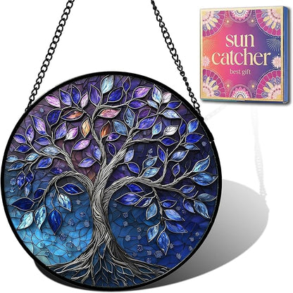 Birthday Gifts for Women - Blue Tree of Life Faux Stained Glass Window Hanging Sun Catcher for Door Garden Acrylic Decor Mother's Day Christmas for Mom Nana Grandma Sisters Wife 9.8"