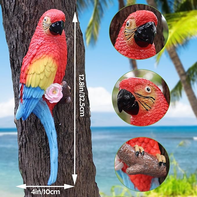 12.7in Artificial Bird Resin Parrot Statue Christmas Tree Ornaments, LifeSize Tropical Birds Decor for Palm Tree, Fake Parrot Decorations for Wreaths DIY Crafts, Tree Faces Animal(Red)