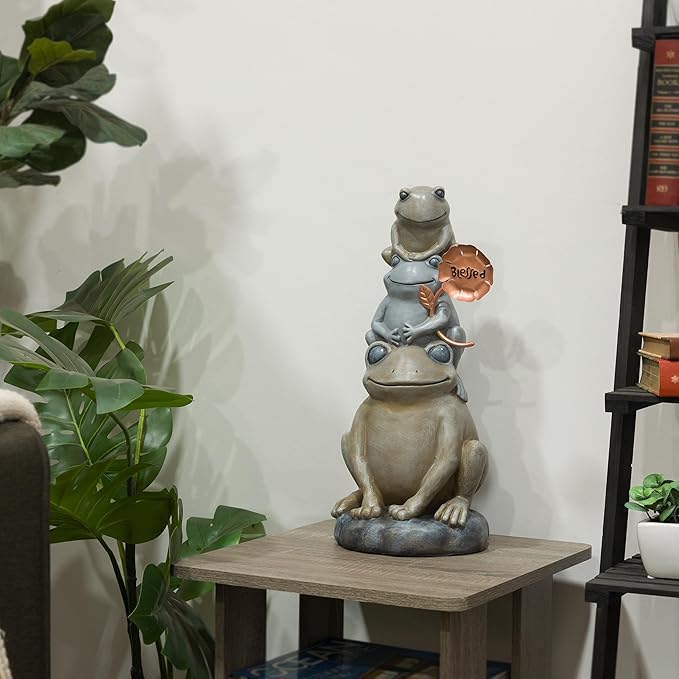 Alpine Corporation 18" Tall Outdoor Stacked Frogs Statue Holding Blessed Flower, Weatherproof Garden Decor, Gray