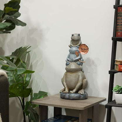Alpine Corporation 18" Tall Outdoor Stacked Frogs Statue Holding Blessed Flower, Weatherproof Garden Decor, Gray