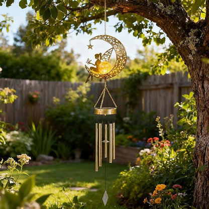 YAKii Fairy Moon Solar Wind Chimes for Outside Lights Gifts for Mom Wife Unique Crackle Glass LED Warm Light Outdoor Hanging Decor Windchimes for Garden Yard Patio Christmas Birthday Mothers Day