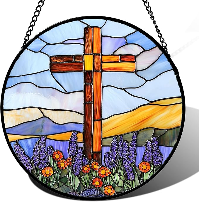 DASTOLL Christian Gifts for Women - Cross Stained Glass Window Hanging Jesus Easter Purple Flower Mountain Sun Catcher Garden Religion Decor Mother's Day Catholic Gift for Men Grandma Nana Her 15"