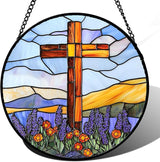 DASTOLL Christian Gifts for Women - Cross Stained Glass Window Hanging Jesus Easter Purple Flower Mountain Sun Catcher Garden Religion Decor Mother's Day Catholic Gift for Men Grandma Nana Her 15"