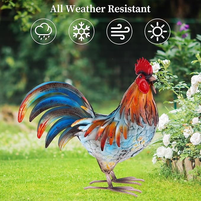 Ratuor Metal Rooster Decor Garden Statue,Yard Chicken Decorations Outdoor Sculpture for Backyard Patio Kitchen Lawn Ornaments,Birthday Housewarming Gifts for Women Mom