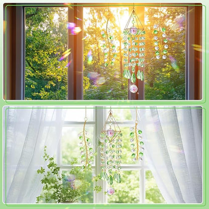 Crystal Suncatcher 3 PCS Hanging Prism Window Decor, Green Glass Sun Catcher with Metal Frame and Rainbow Light Reflection for Indoor Outdoor Garden Patio