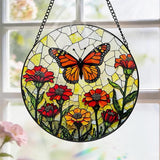 Stained Glass Window Hanging, 8 Inch Monarch Butterfly Suncatcher, Sun Catchers Indoor Window, Orange Wildflowers Suncatchers for Windows Hanging, Spring Home Garden Decor Panel Gifts for Women Mom