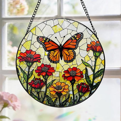 Stained Glass Window Hanging, 8 Inch Monarch Butterfly Suncatcher, Sun Catchers Indoor Window, Orange Wildflowers Suncatchers for Windows Hanging, Spring Home Garden Decor Panel Gifts for Women Mom