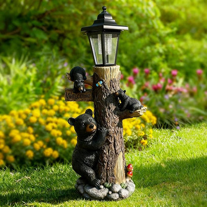 Bear Statue Welcome Sign Garden Statue with Solar Lights, 19 Inches Resin Bear Family on The Tree, Outdoor Bear Décor for Yard, Garden, Lawn, Patio, Black, Spring Decorations for Home