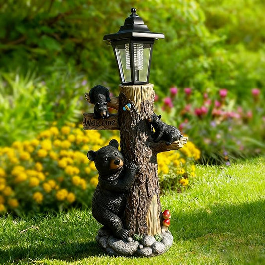 Bear Statue Welcome Sign Garden Statue with Solar Lights, 19 Inches Resin Bear Family on The Tree, Outdoor Bear Décor for Yard, Garden, Lawn, Patio, Black, Spring Decorations for Home