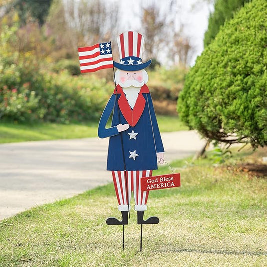 Glitzhome 4th of July Decorations, Uncle Sam Patriotic Yard Sign Stakes Decorations Outdoor, independence day Memorial Garden God Bless America Wall Decor