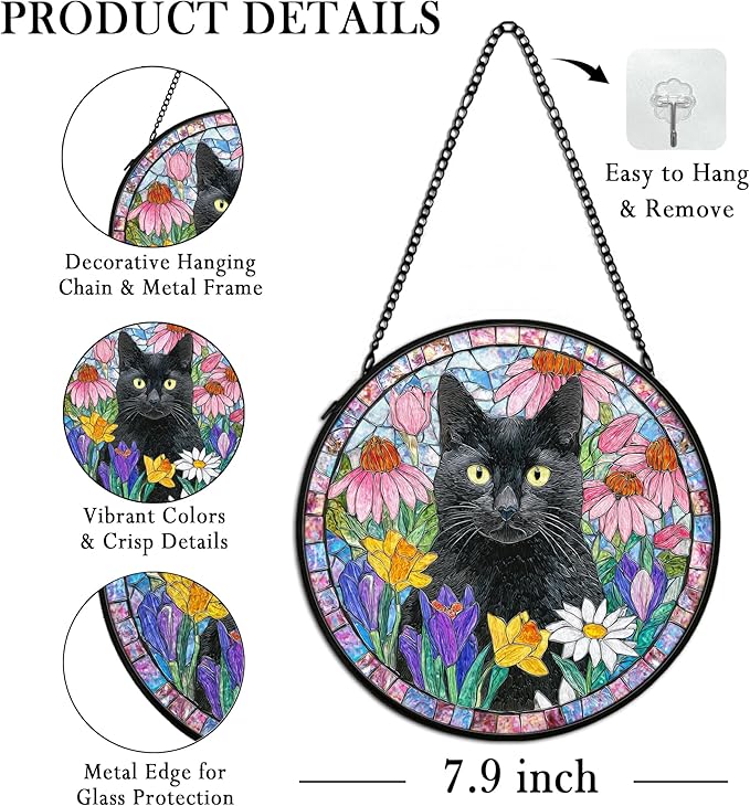 Black Cat Suncatcher Stained Glass Window Hanging Decor Ornaments, Black Cat Owner Memorial Sun Catchers Wall Art Gifts for Women, Floral Flower Garden Lawn Stained Glass Wall Decor, 7.9x7.9In