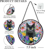 Black Cat Suncatcher Stained Glass Window Hanging Decor Ornaments, Black Cat Owner Memorial Sun Catchers Wall Art Gifts for Women, Floral Flower Garden Lawn Stained Glass Wall Decor, 7.9x7.9In