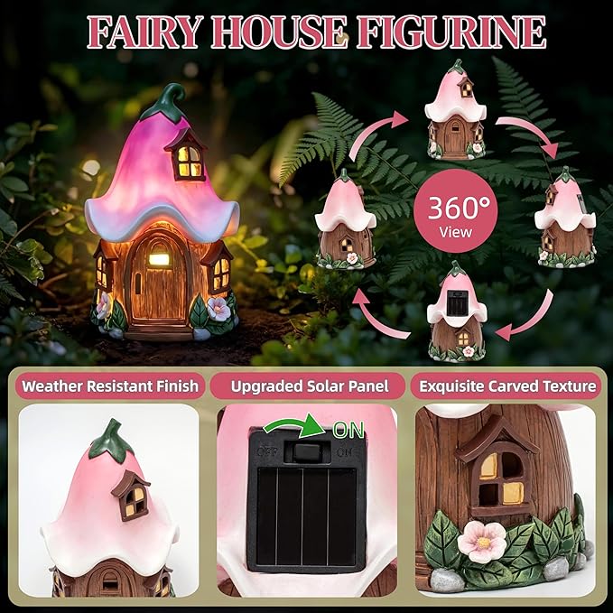 Solar Fairy Garden House, Whimsical Flower Cottage Fairy Figurines with Automatic Solar Lights, Hand-Painted Resin Garden Statue Unique Gift for Outdoor, Patio, Yard Art, Balcony, Porch Decor
