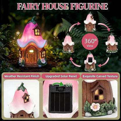 Solar Fairy Garden House, Whimsical Flower Cottage Fairy Figurines with Automatic Solar Lights, Hand-Painted Resin Garden Statue Unique Gift for Outdoor, Patio, Yard Art, Balcony, Porch Decor