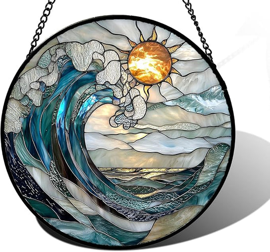 DASTOLL Stained Glass Window Hanging, Blue and White Waves Suncatcher Diamond Glass Panel Landscape Sun Catchers Decor for Birthday for Women, Men, Wife, Aunt, and Mom 7.8 in