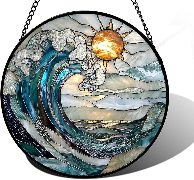 DASTOLL Stained Glass Window Hanging, Blue and White Waves Suncatcher Diamond Glass Panel Landscape Sun Catchers Decor for Birthday for Women, Men, Wife, Aunt, and Mom 6.3 x6.3 in