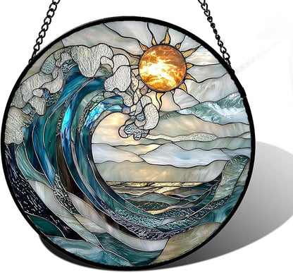 DASTOLL Stained Glass Window Hanging, Blue and White Waves Suncatcher Diamond Glass Panel Landscape Sun Catchers Decor for Birthday for Women, Men, Wife, Aunt, and Mom 6.3 x6.3 in