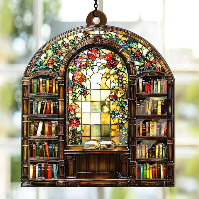 Jesuspirit - Window Hanging Suncatcher – Crystal Clear Acrylic & Wood Sun Catcher for Home Decor, for Women (Library Bookshelf, 6 Inches)