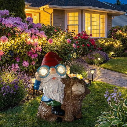ZQQLITE Garden Gnome Statue Sitting Highland Cow Figurine with Flower Wreath, Solar LED Lights Outdoor Telescope Weatherproof Yard Art Decor for Patio Lawn, Housewarming Gifts for Women Mom