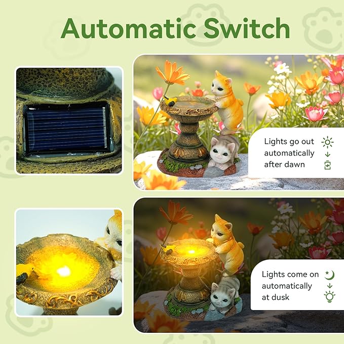 Solar Two Kittens Garden Statues with LED Lights, Outdoor Decor for Patio Yard Balcony - Unique Housewarming Birthday Gifts for Women Mom Grandma