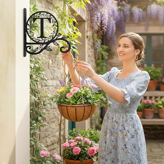Personalized Initial Metal Plant Hanger Bracket, Decorative Wall Mount Hanging Plant Hook, Monogram Floral Leaf Garden Stake for Hanging Baskets Bird Feeders Lanterns Wind Chime (T)