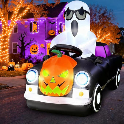 2025 Halloween Inflatables Monster Truck 8FT Long Ghost Driving a Pumpkin Car Inflatable Decor Outdoor with Build-in 12 Lights Car Blow Up Yard Decorations Cute Ghost Car BlowUp for Party Garden Lawn