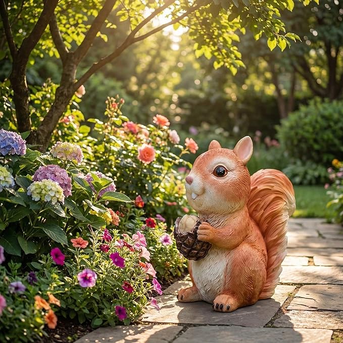 Squirrel Statue Outdoor Decor,7.7''(H) Realistic Eating Squirrel Garden Statues for Yard Lawn,Resin Animal Sculptures Home Porch Patio Table Art Decorations