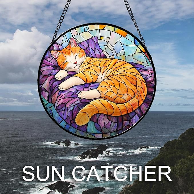 Stained Glass Window Hanging Sleeping Orange Cat Large 15" - Memorial Gift Suncatcher Door Sun Catcher Decor Birthday Christmas for Lost Pets Mom Men Woman Friend
