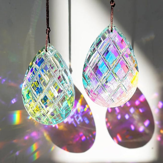HDCRYSTALGIFTS Set 2 Crystal Sun Catcher Prisms Pendant for Window Hanging Decor,3inch AB Colored Crystal Suncatchers Rainbow Maker Light Catcher for Home Indoor Garden Christmas Tree Ornament