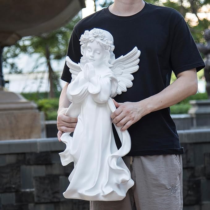 Garden Large-Sized Angel Statue, 25.9 x 12.5 x 10.2 inches, White Resin Outdoor Sculpture, Floor Mount Home Living Room Decoration