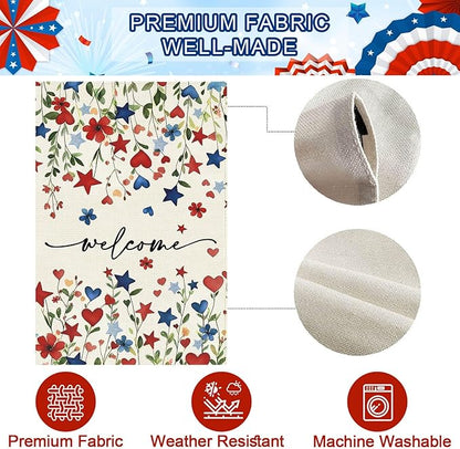 Baccessor Patriotic 4th of July House Flag 28x40 Inch Double Sided Burlap,Memorial Day Welcome American Red and Blue Flower Large Flag Summer Holiday Porch Patio Seasonal Outdoor Outside Decoration