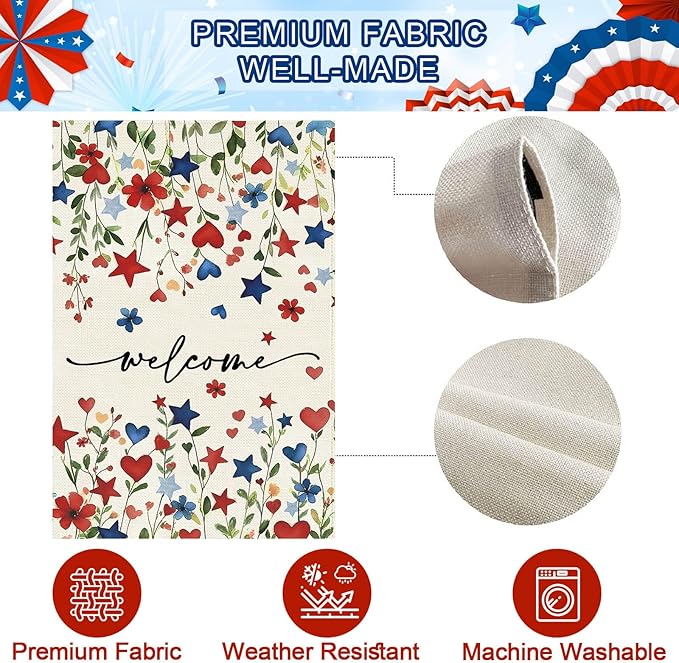 Baccessor Patriotic 4th of July Garden Flag 12.5 x 18 Inch Double Sided Burlap,Memorial Day Welcome American Red and Blue Flower Flag Summer Yard Lawn Holiday Seasonal Outdoor Outside Decoration