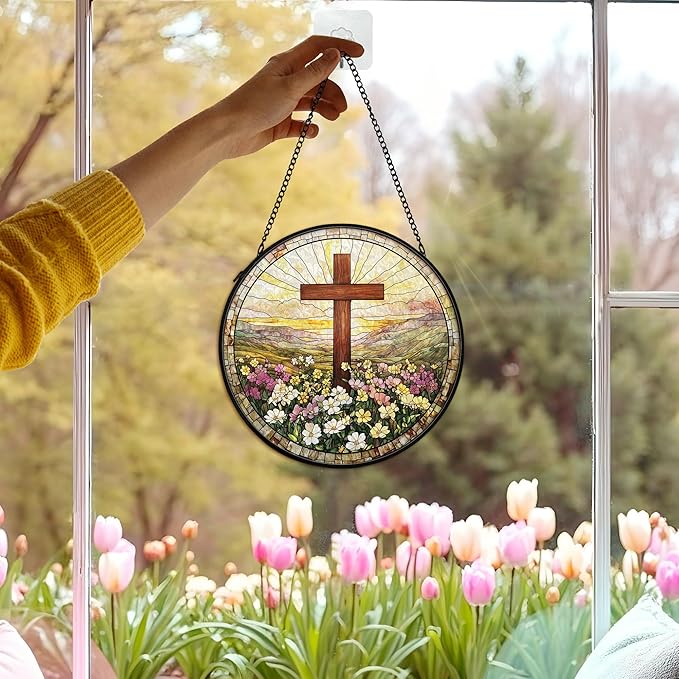 Christian Suncatcher Stained Glass Cross Window Hanging Wall Decor, Christmas Religious Gifts for Women, Easter Religious Baptism Floral Garden Lawn Sun Catchers for Window Hanging Art, 7.9x7.9