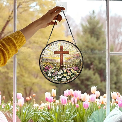 Christian Suncatcher Stained Glass Cross Window Hanging Wall Decor, Christmas Religious Gifts for Women, Easter Religious Baptism Floral Garden Lawn Sun Catchers for Window Hanging Art, 7.9x7.9
