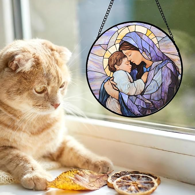 DASTOLL Christian Gifts for Women - Stained Glass Window Hanging Easter Virgin Mary Holding Jesus Sun Catcher Garden Religion Decor Mother's Day Catholic Gift for Men Grandma Nana Her Mom 15"