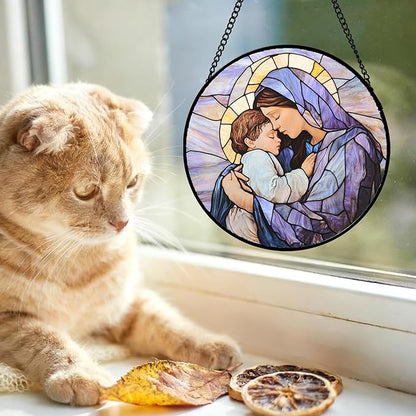 DASTOLL Christian Gifts for Women - Stained Glass Window Hanging Easter Virgin Mary Holding Jesus Sun Catcher Garden Religion Decor Mother's Day Catholic Gift for Men Grandma Nana Her Mom 15"