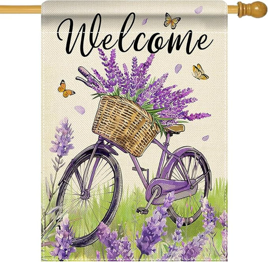 Artofy Welcome Spring Summer Bike Large Decorative House Flag, Bicycle Lavender Flower Floral Yard Garden Outside Decor, Seasonal Butterfly Burlap Outdoor Home Decoration Double Sided 28 x 40