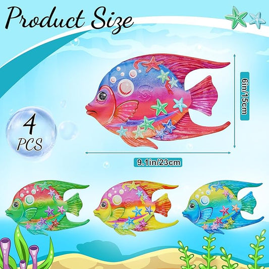 FaloStwer Metal Fish Art Wall Decor, 3D Lifelike Coastal Ocean Sea Hanging Decorations Garden Pool Decor, Set of 4 Colorful Outdoor or Indoor Wall Sculptures(Fish)