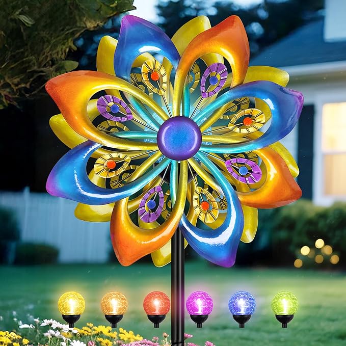 Solar Wind Spinners Outdoor - H60xW13 Metal Yard Art Kinetic Wind Spinners with Colorful LED Crackle Ball, Peacock-Style Windmill for Yard Lawn Garden Decor, Gardening Gifts for Women