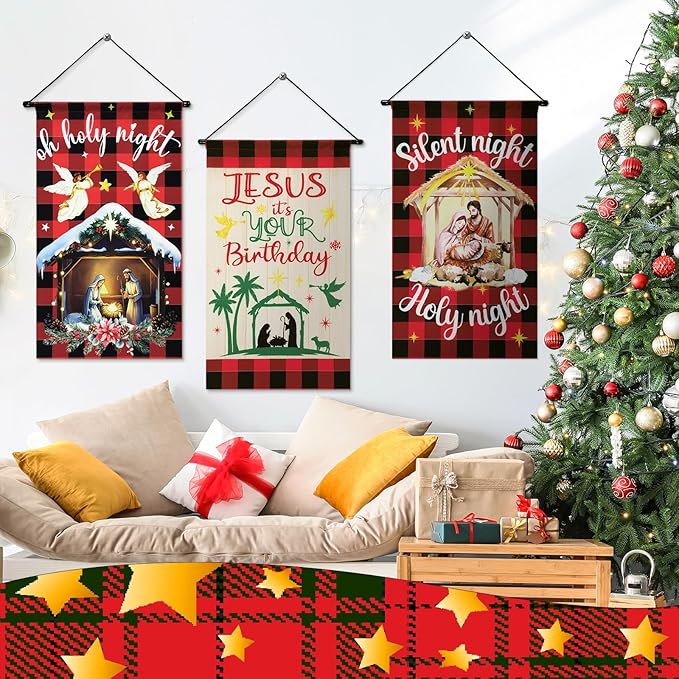 Tegeme 3 Pcs Nativity Christmas Door Sign Flag Christmas Holy Night Door Banner Jesus Nativity Flag 12 x 19 Inch Holiday Hanging Decoration for Home Outdoor