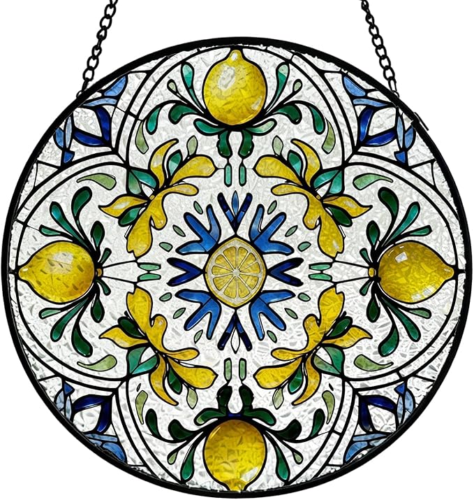 Italian Lemon Stained Glass Window Hanging, Blue and Yellow Mediterranean Lemon Suncatcher Indoor Window Glass Round Wall Art Decor, 7.9x7.9 Inch