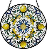 Italian Lemon Stained Glass Window Hanging, Blue and Yellow Mediterranean Lemon Suncatcher Indoor Window Glass Round Wall Art Decor, 7.9x7.9 Inch