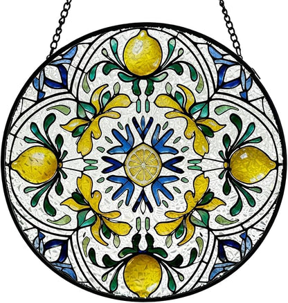 Italian Lemon Stained Glass Window Hanging, Blue and Yellow Mediterranean Lemon Suncatcher Indoor Window Glass Round Wall Art Decor, 7.9x7.9 Inch