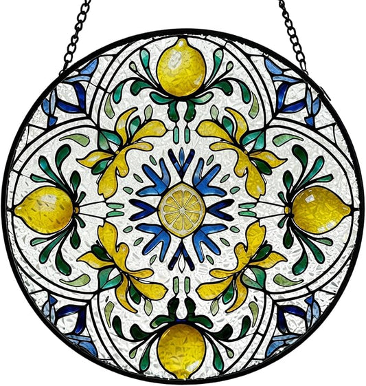 Italian Lemon Stained Glass Window Hanging, Blue and Yellow Mediterranean Lemon Suncatcher Indoor Window Glass Round Wall Art Decor, 7.9x7.9 Inch