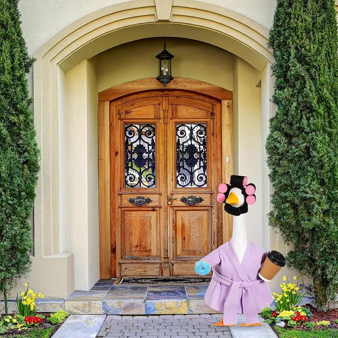 Shyyween Spring Lady Porch Goose Outfit for 23'' Cement Plastic Lawn Goose Summer Statue Clothes Bathrobe Coffee Cup Curlers for Outdoor Garden Yard Patio Decoration(Light Purple)