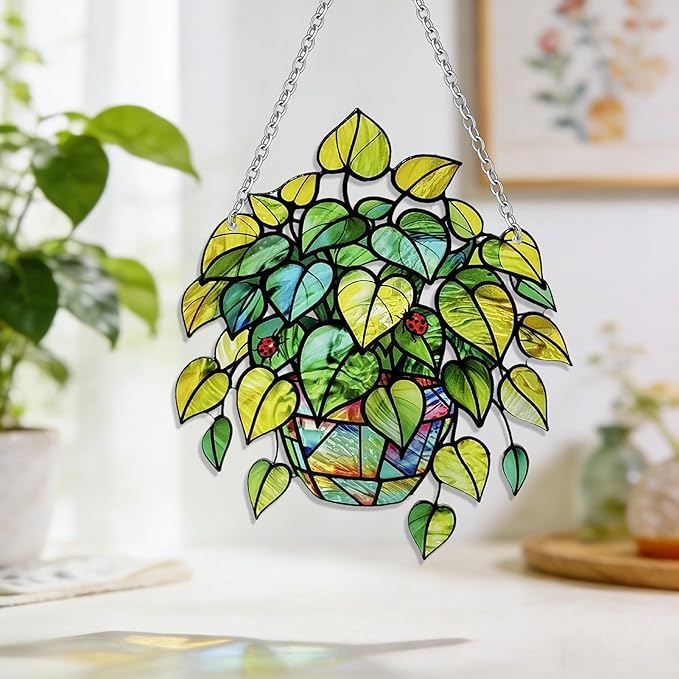 Plant Suncatcher Glass, Stained Glass Suncatcher Plant Window Hanging, Unique Nature Lover Gifts Leaf