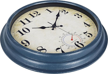 Large Outdoor Clocks Waterproof with Thermometer Combo Rustic Coastal Wall Clock Decor for Bathroom Patio Pool (16 Inch,Blue)