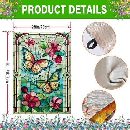 Spring Summer Butterfly House Flag 28x40 Inch Double Sided, Stained Glass Floral Butterfly Outdoor Flag, Colorful Flower Large Yard Lawn Porch Patio Farmhouse Garden Decor